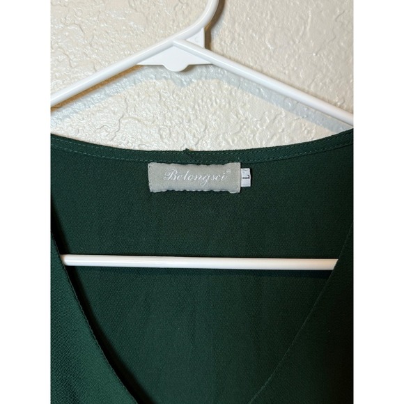 Belongsci Women's Green V Neck Long Sleeve Blouse Top - Picture 3 of 3